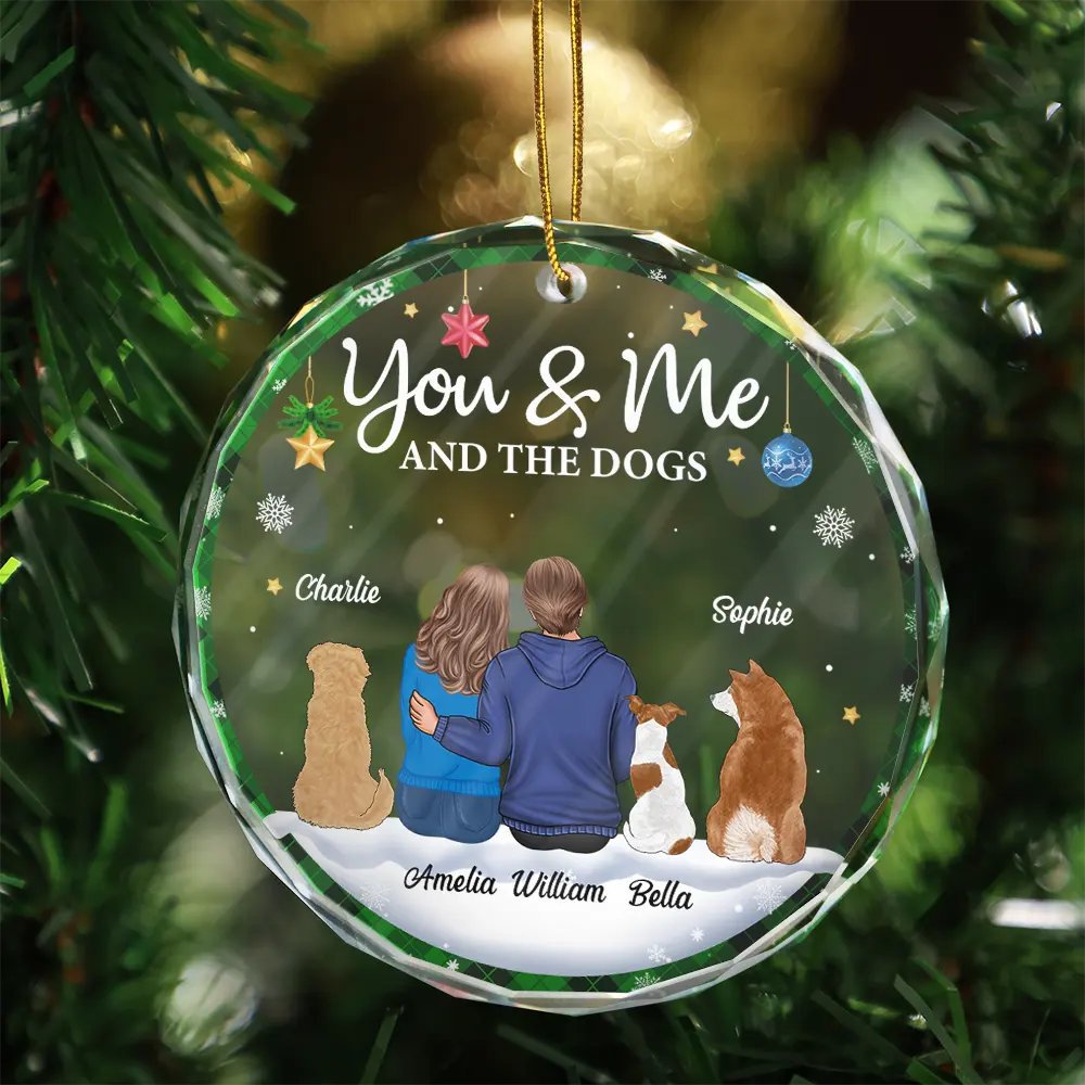 You & Me & The Dog Christmas Couple - Personalized Circle Glass Ornament - Image 3