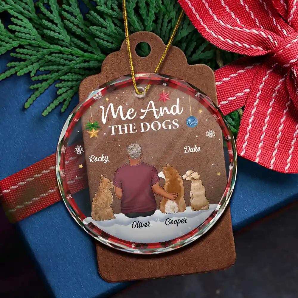 You & Me & The Dog Christmas Couple - Personalized Circle Glass Ornament - Image 5