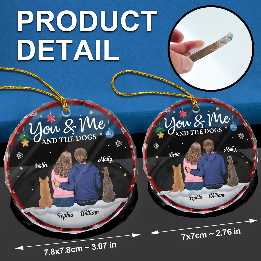 You & Me & The Dog Christmas Couple - Personalized Circle Glass Ornament - Image 6
