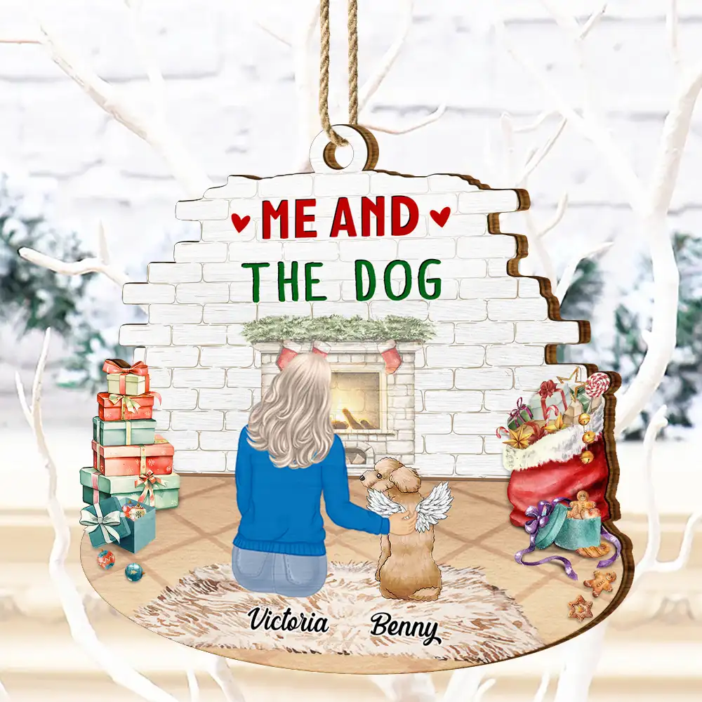 You & Me & The Dog Christmas Couple - Personalized Custom Shaped Wooden Ornament - Image 4