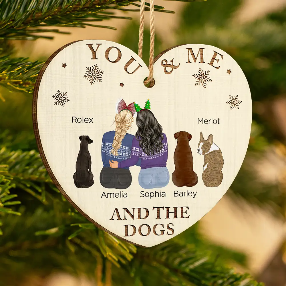 You & Me & The Dog Christmas Loving Couple - Personalized Custom Shaped Wooden Ornament - Image 3