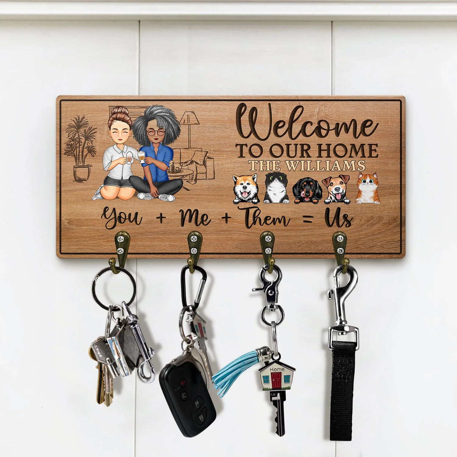 You Me Them Us Dogs Cats Family - Home Decor Gift For Family, Couple, Pet Lovers - Personalized Custom Wood Key Holder - Image 2