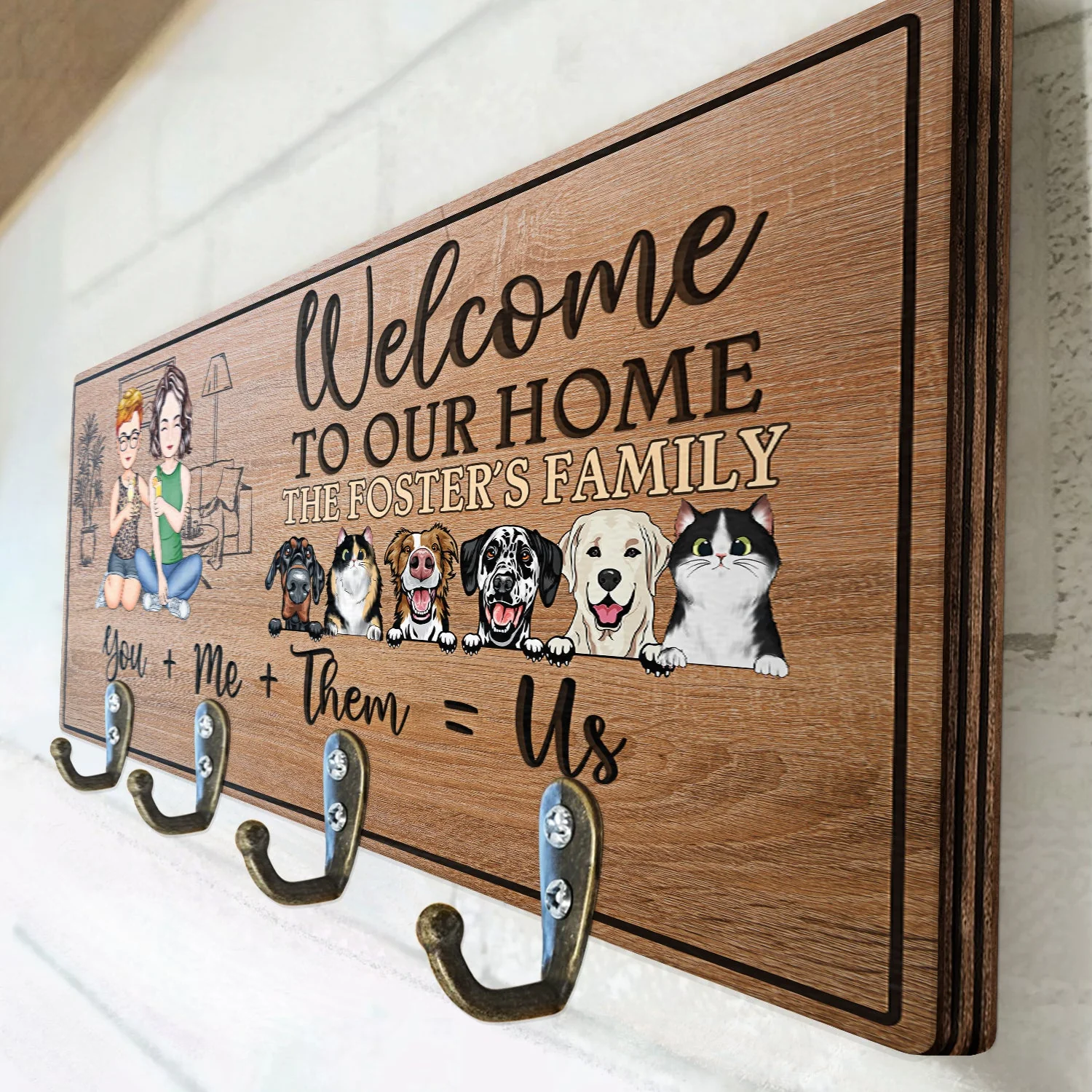 You Me Them Us Dogs Cats Family - Home Decor Gift For Family, Couple, Pet Lovers - Personalized Custom Wood Key Holder - Image 3