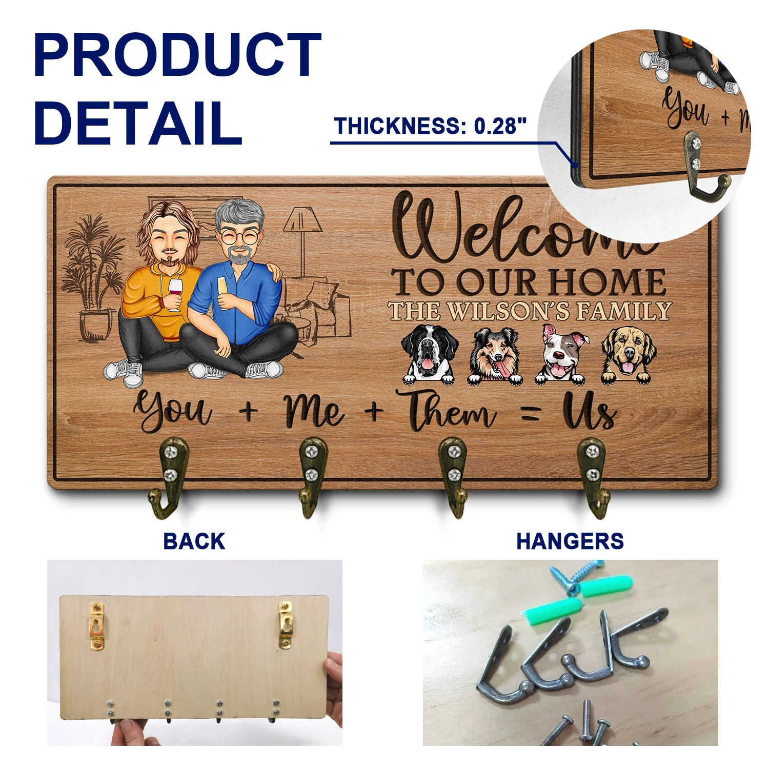 You Me Them Us Dogs Cats Family - Home Decor Gift For Family, Couple, Pet Lovers - Personalized Custom Wood Key Holder - Image 5