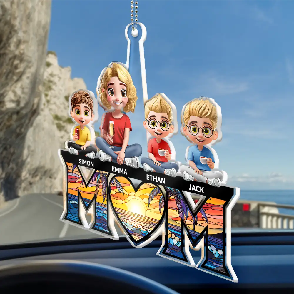 Young Mother Daughter Son We Love You Mom 3D Cartoon - Personalized Acrylic Car Hanger - Image 2