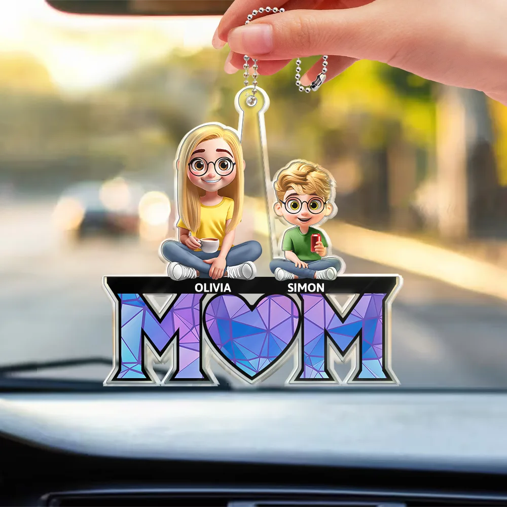 Young Mother Daughter Son We Love You Mom 3D Cartoon - Personalized Acrylic Car Hanger - Image 3