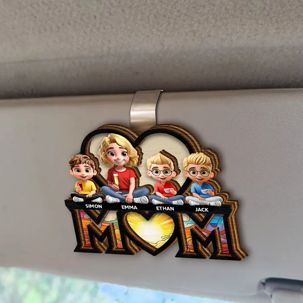 Young Mother Daughter Son We Love You Mom 3D Cartoon - Personalized Custom Shaped Car Visor Clip - Image 2