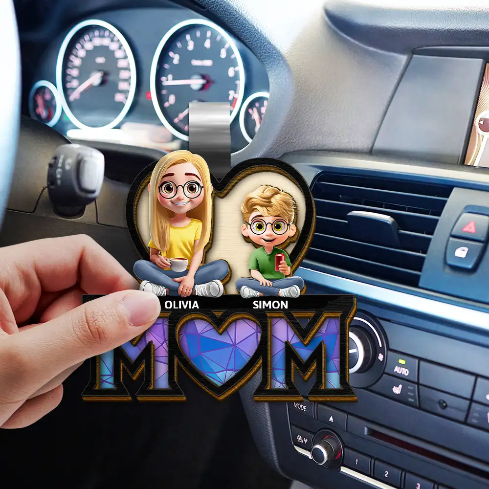 Young Mother Daughter Son We Love You Mom 3D Cartoon - Personalized Custom Shaped Car Visor Clip - Image 3
