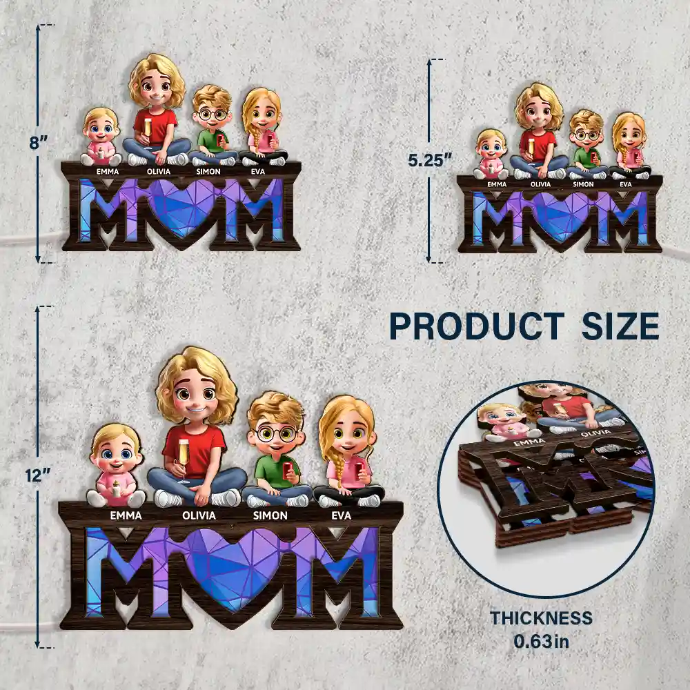 Young Mother Daughter Son We Love You Mom 3D Cartoon - Personalized LED Light Wooden Plaque - Image 4