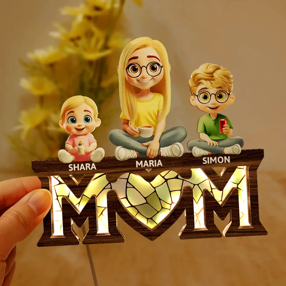 Young Mother Daughter Son We Love You Mom 3D Cartoon - Personalized LED Light Wooden Plaque - Image 6