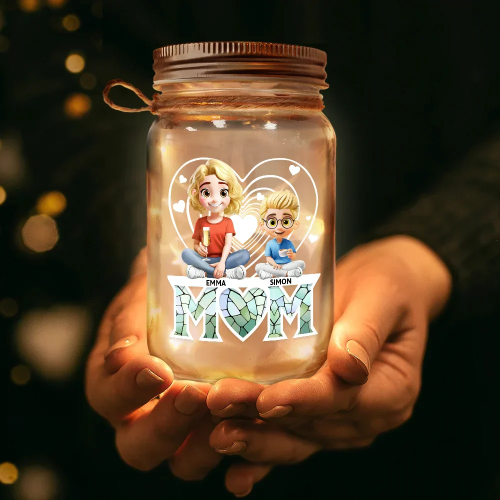 Young Mother Daughter Son We Love You Mom 3D Cartoon - Personalized Mason Jar Light - Image 3