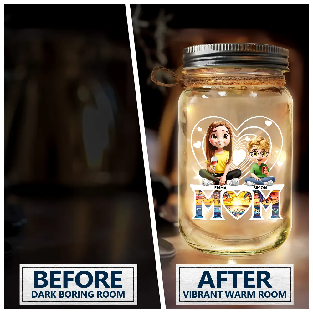 Young Mother Daughter Son We Love You Mom 3D Cartoon - Personalized Mason Jar Light - Image 4