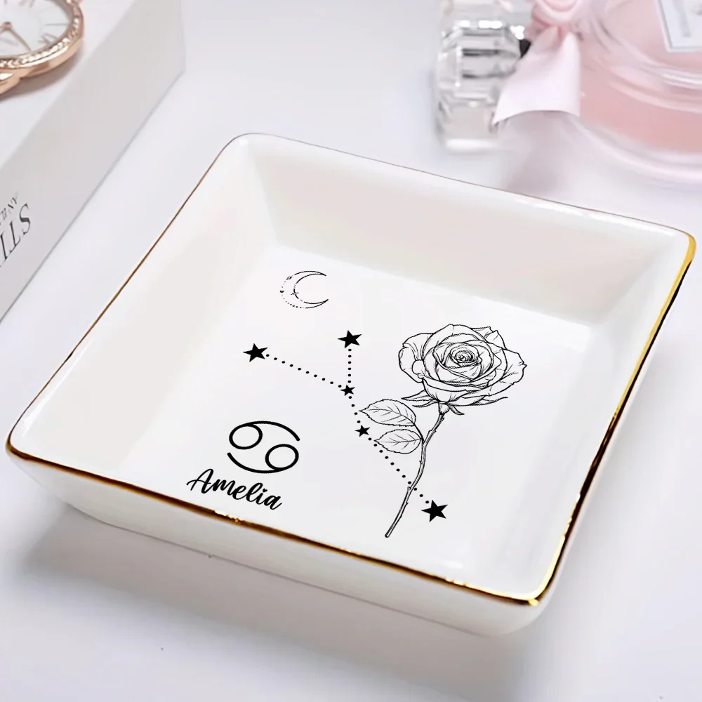 Zodiac Sign Birth Month Flower - Personalized Ring Dish - Image 2