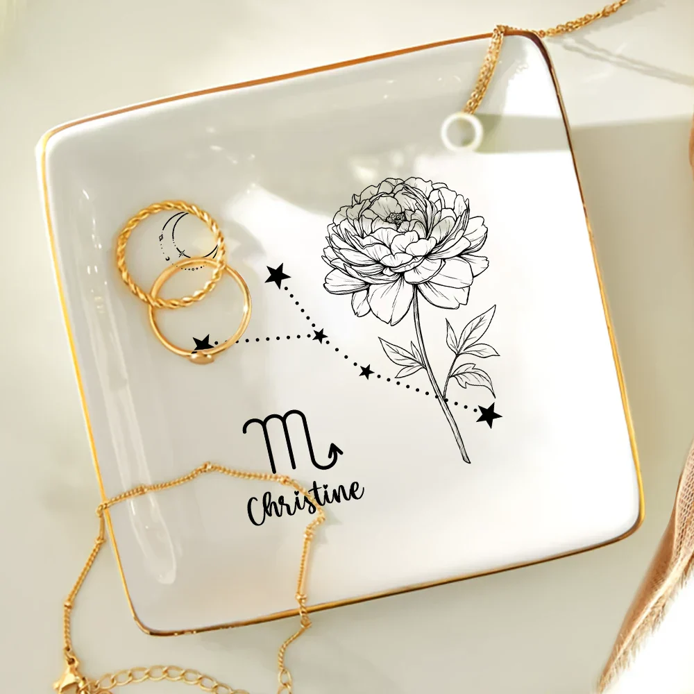 Zodiac Sign Birth Month Flower - Personalized Ring Dish - Image 4